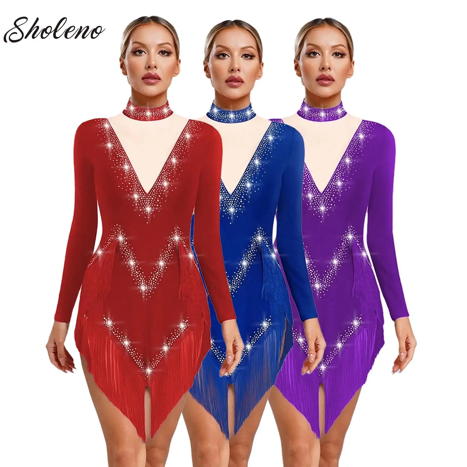 

Women Latin Dance Tassel Dresses Cha-cha Tango Samba Rumba Skating Performance Costume Long Sleeve Rhinestones Bodysuit Dress