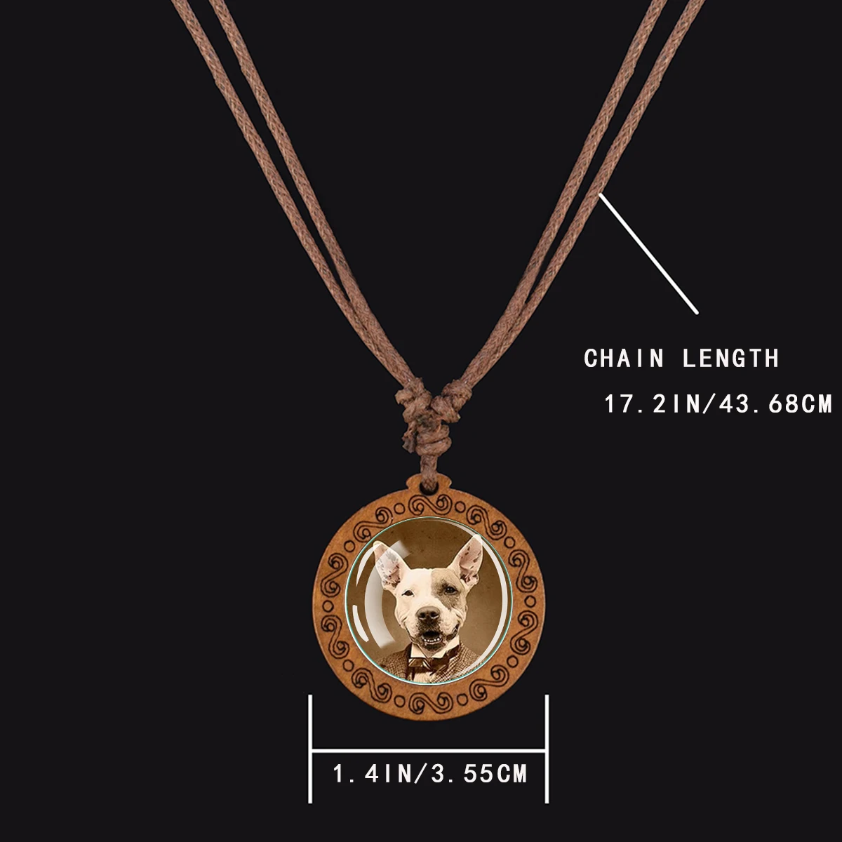 1PC English Style Animal Portrait Necklace, Wooden Pendant Inlaid with Convex Glass, Wax Rope Chain, Suitable As A Birthday Gift