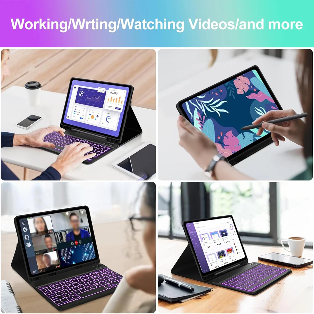 Case for Samsung Galaxy Tab S6 Lite 10.4 Inch, Smart 7 Colors Backlight and Detachable Wireless Bluetooth Keyboard with Pen Slot