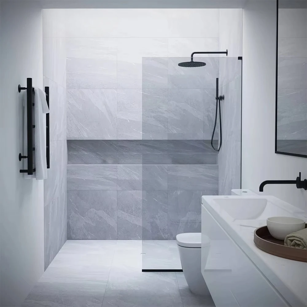 Modern aluminum black frame frameless hotel bathroom partition with 8mm easy-to-clean tempered glass panels and lifetime
