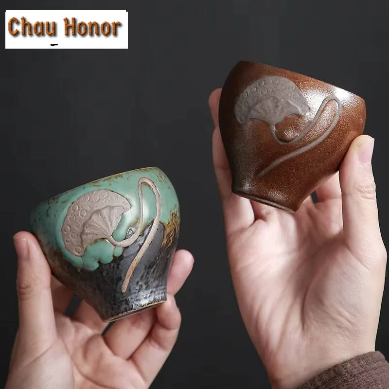 130ml Rough Pottery Five Element Cup Ceramic Kung Fu Tea Cup Handmade Household Relief Lotus Kung Fu Tea Set Tea Ceremony Gifts
