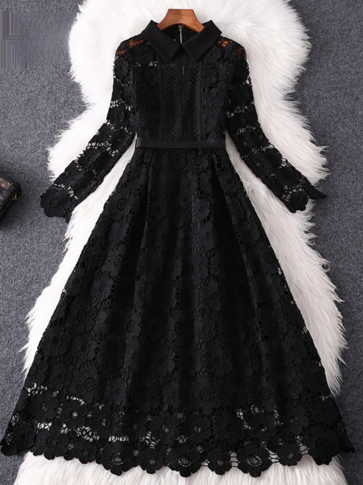 

Faionable High Waist Long Sve Collar Lace Dr A-Line Midi Dr plus Size Women's Spring Summer New Sle Bla D...