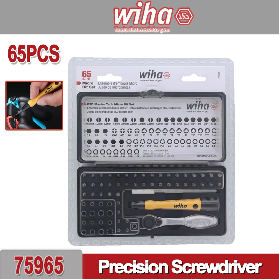 

WIHA 65 шт. набор прецизионных отверток с микробитами ESD, инструмент для электрика, телефон, компьютер, ремонтный комплект No 75965