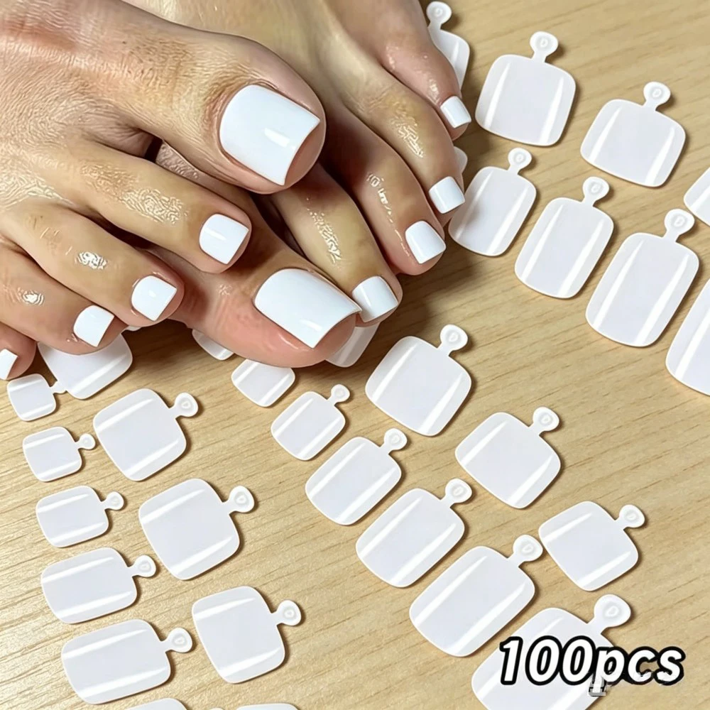 100pcs/Box French Tip Press-On Toenails White Color System Square Shape Foot Nails Short Length Glossy Finish False Toe Nail Set view 6