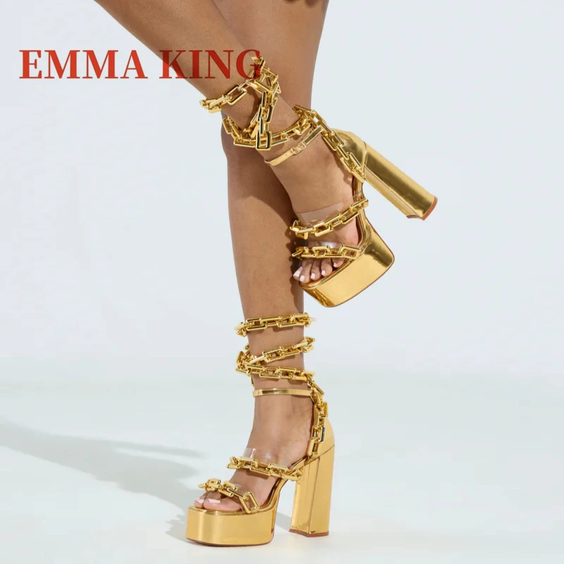 

Женские сандалии на платформе с ремешками-цепочками, сандалии на массивном каблуке с запахом на щиколотке, украшенная золотой цепочкой, модные сандалии для вечеринок