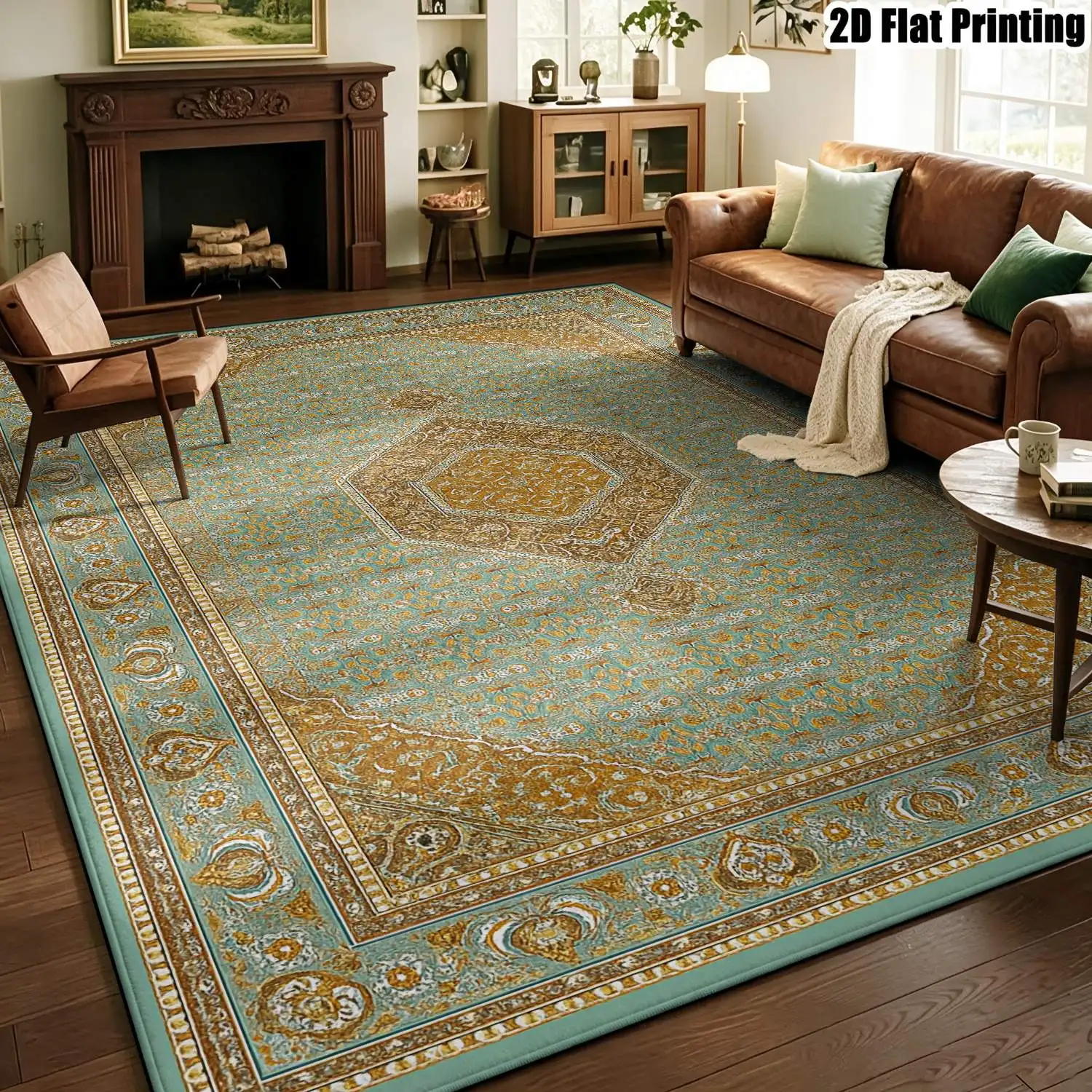 1Pc 2D Printed Carpet: Blue & Gold Geometric Patterns, Vintage/European/Bohemian Style, Machine Washable, Multi-Size, Suitable for Door Mats, Dining, Foyer, Living Room, Bedroom as Home Decor