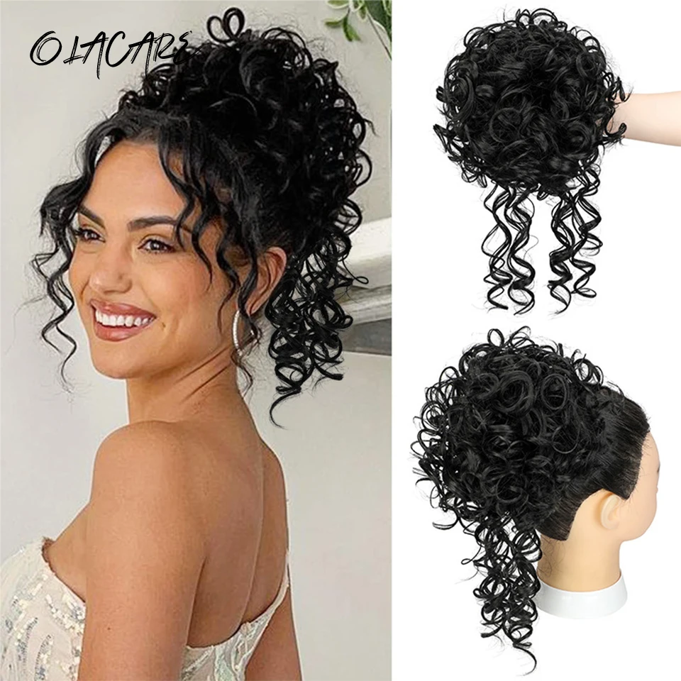 Synthetic Messy Bun Hair Piece 90g Elastic Drawstring Loose Wave Curly Hair Buns Hair Piece Extensions For Women Dark Brown