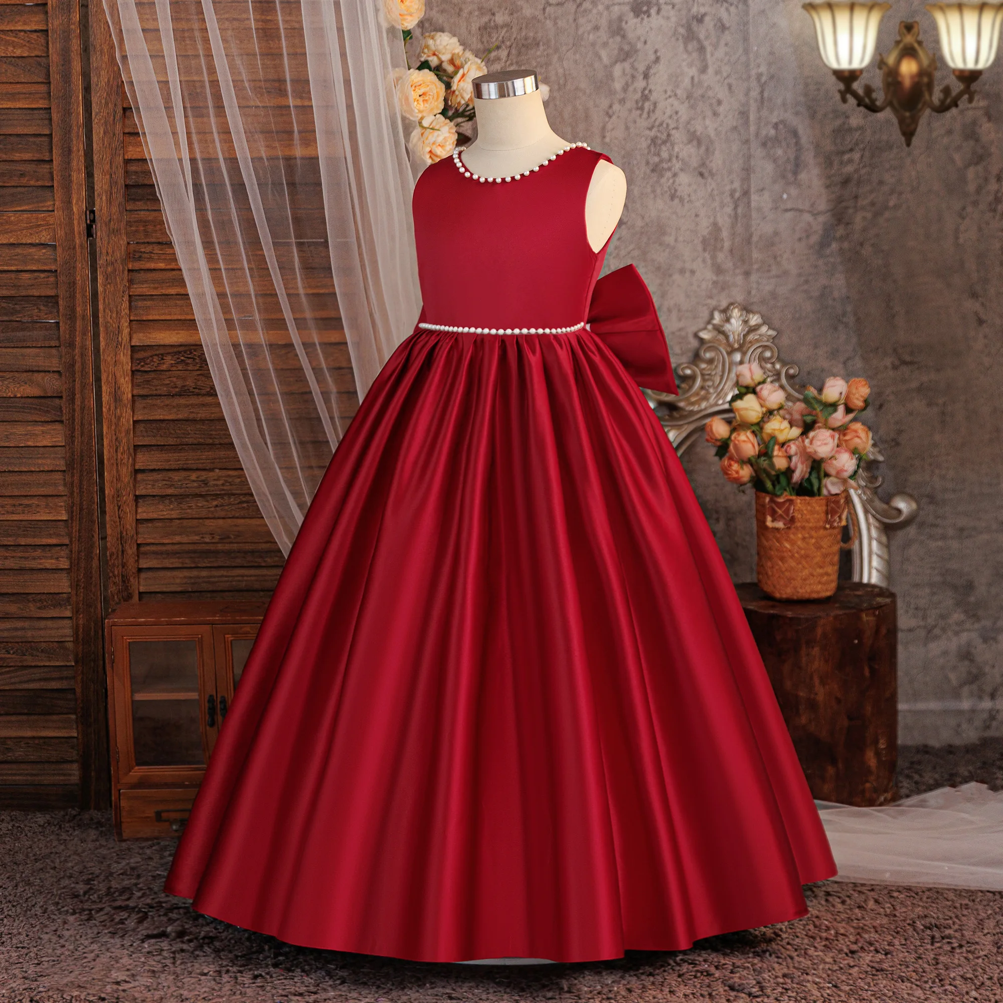 Satin Brautjungfernkleid für Partys, Weihnachtskostüm, Schleife, Taufe, Hochzeit, Prinzessinnen-Ballkleid, Mädchen-Gala- und Neujahrs-Abendkleid – Detail 3