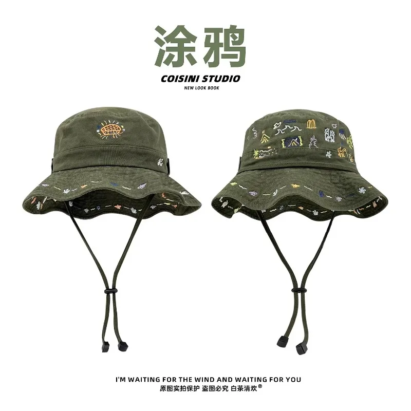 

New Retro Army Green Embroidery Cartoon Bucket Hats for Women Spring and Summer Travel Sun Protection Versatile Hiking Caps