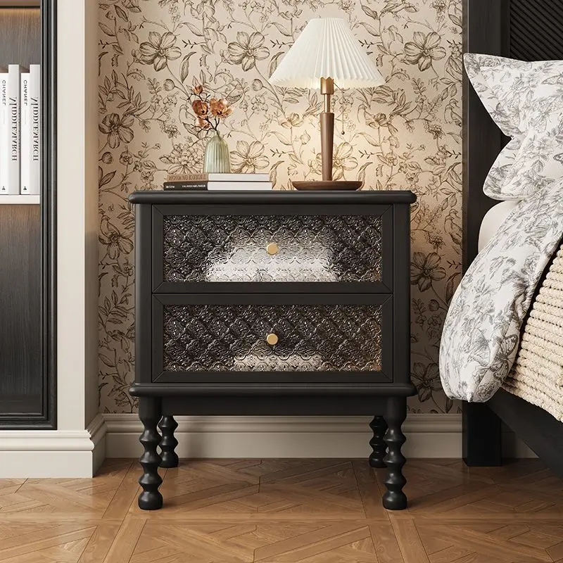 

New Chinese bedside cabinet Solid wood log Medium antique small apartment Bedroom drawer with glass side cabinet Corner cabinet