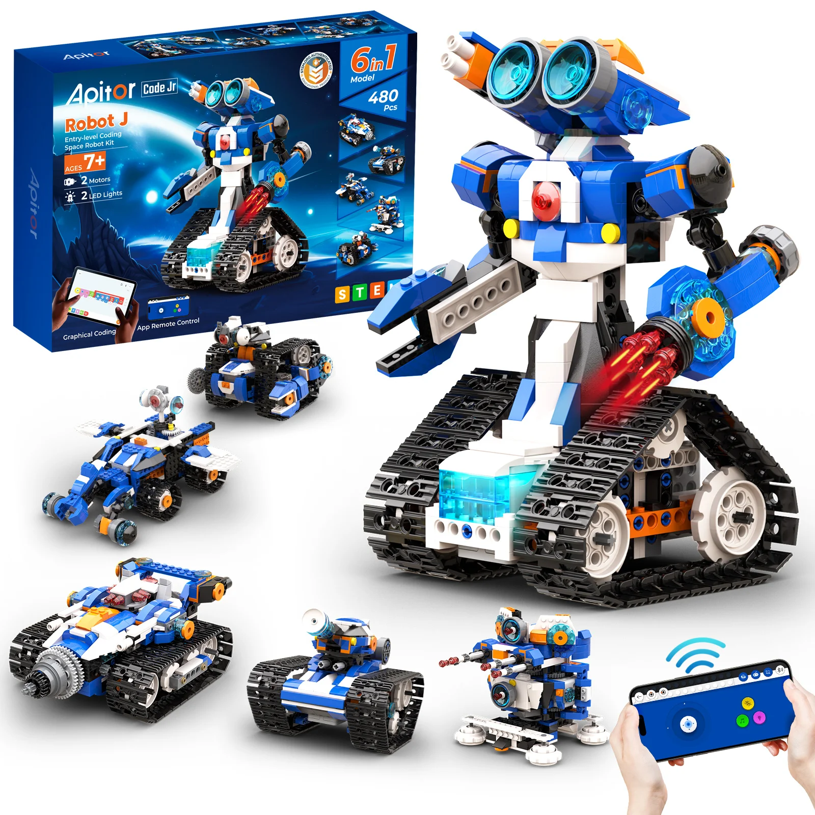 Apitor Robot J 6-in-1 STEM Coding-Lernset für Kinder, STEM-Lernspielzeug mit App-Steuerung, Spielzeug und Geschenke für Jungen und Mädchen ab 7 Jahren zur Raumdekoration