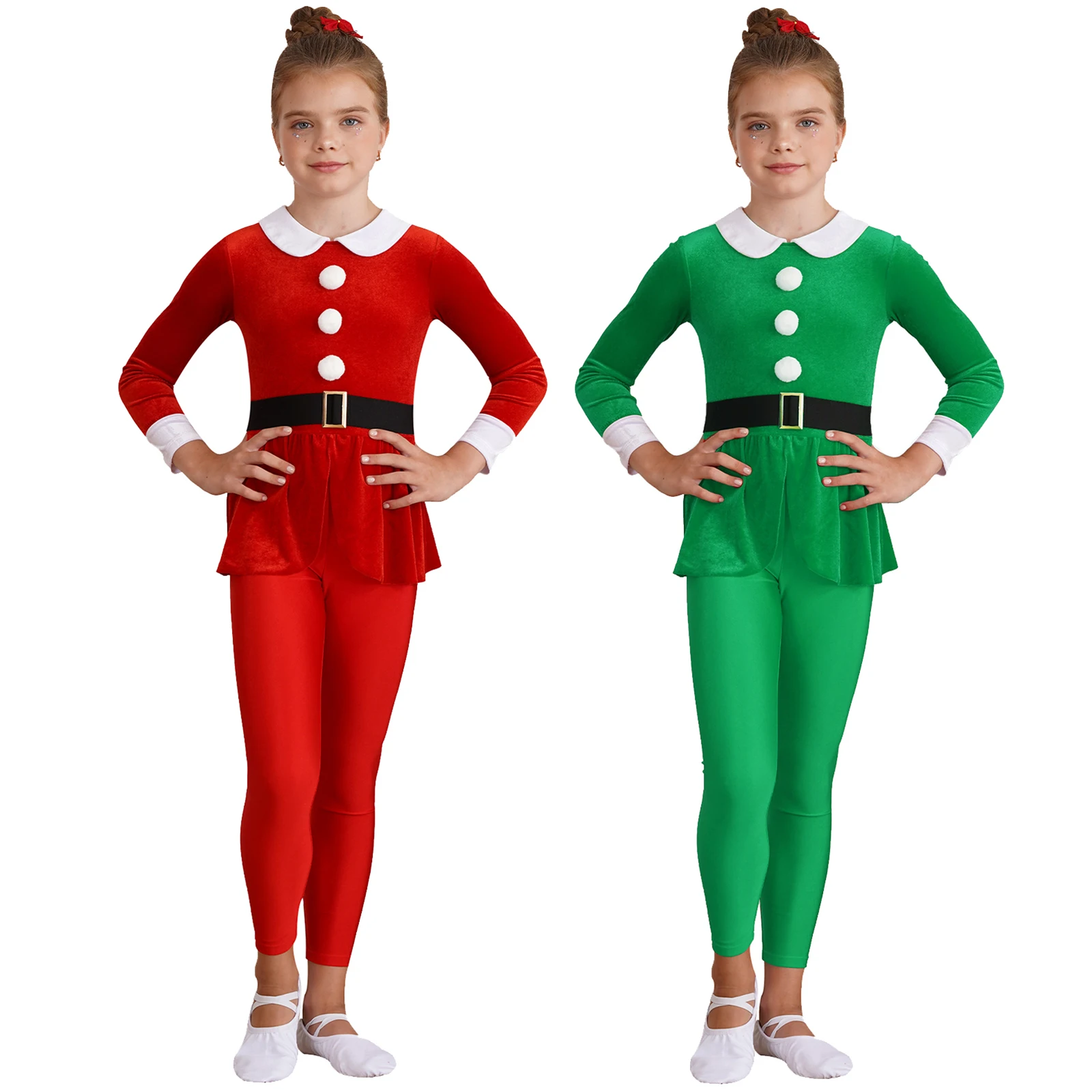 Kids Girls Christmas Santa Costume One Piece Long Sleeve Pompom Peplum Dance Jumpsuit for Xmas Elf Cosplay Party Dress Up