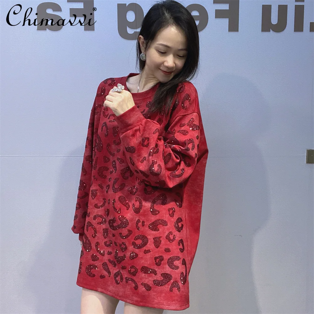 

Fashion Long Sleeve Mid-Length Sweatshirt for Women Autumn New Heavy Rhinestone Loose Round Neck Larger Size Pullover Top