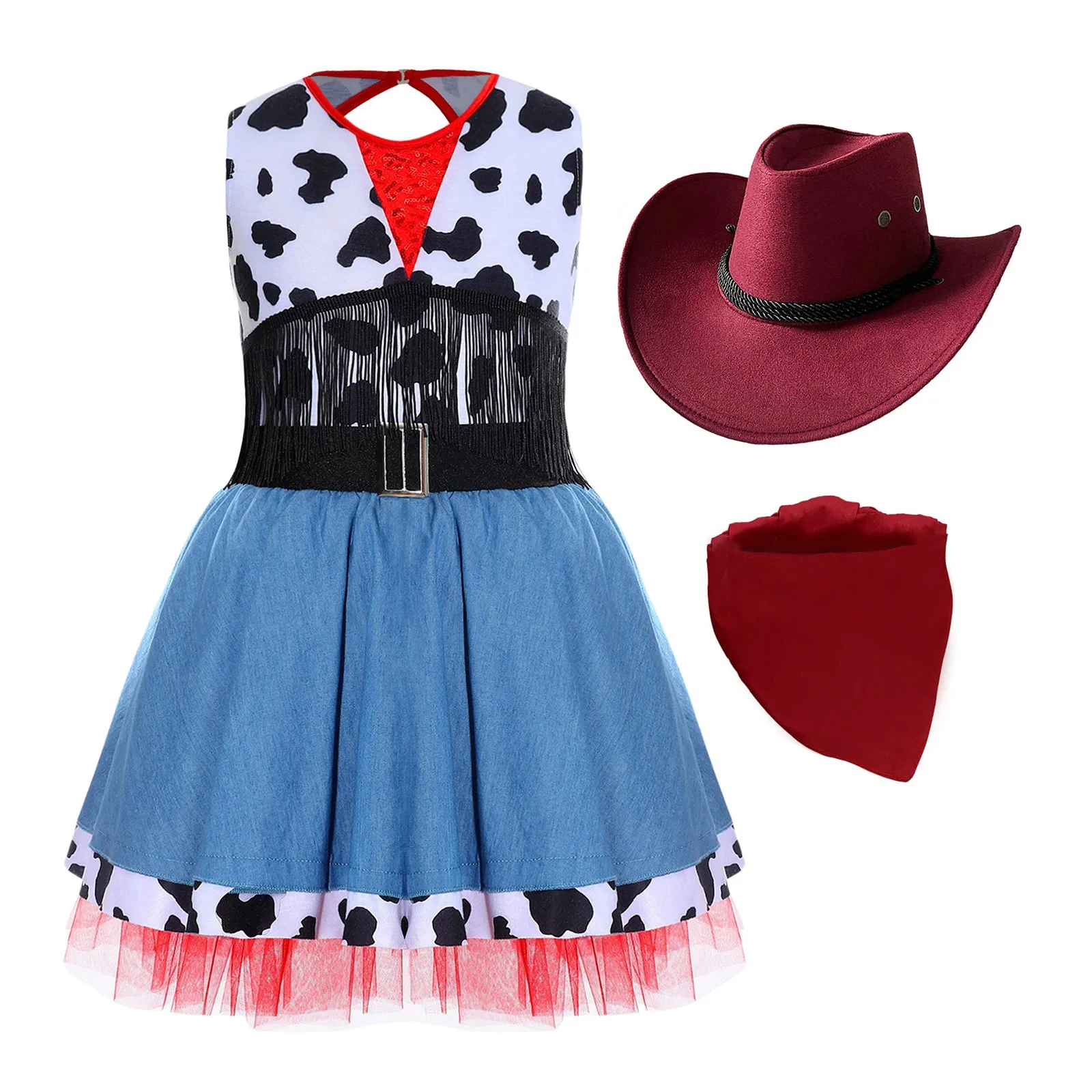 

3Pcs/Set Girls Halloween Western Cowgirl Cosplay Costume Sleeveless Cow Print Fringe Tutu Dress with Cowboy Bandanna and Hat