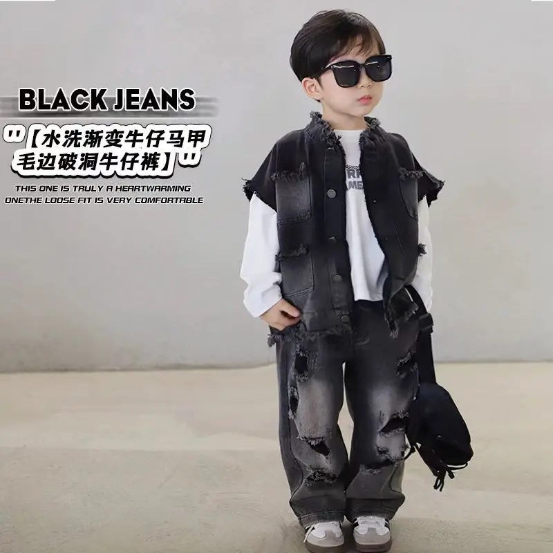 3 PCS set Autumn Boy set Letter TShirt+Hole Jean Pants +Denim Vest Kid Children baby toddler Gentleman Handsome Streetwear Cloth