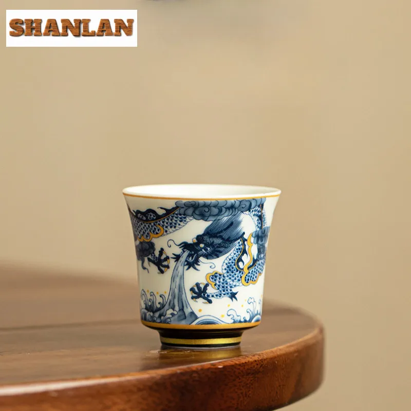 60ml Antique Blue And White Dragon Pattern Master Cup Zen Ceramic Tea Cup Small Tasting Mug Creative Tea Pair Fragrance Cup Gift