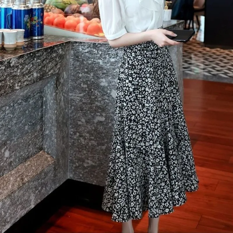 Half Skirt Women  Spring and Summer New Chiffon Floral A-line Skirt Mid-length High-waisted Slimming Waist Long Skirt Women's