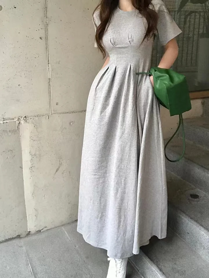 Chic ort Sve T-shirt Dr femme ronde Ne taille plissée minceur Simple Match a-ligne jupe longue tendance coton Dr