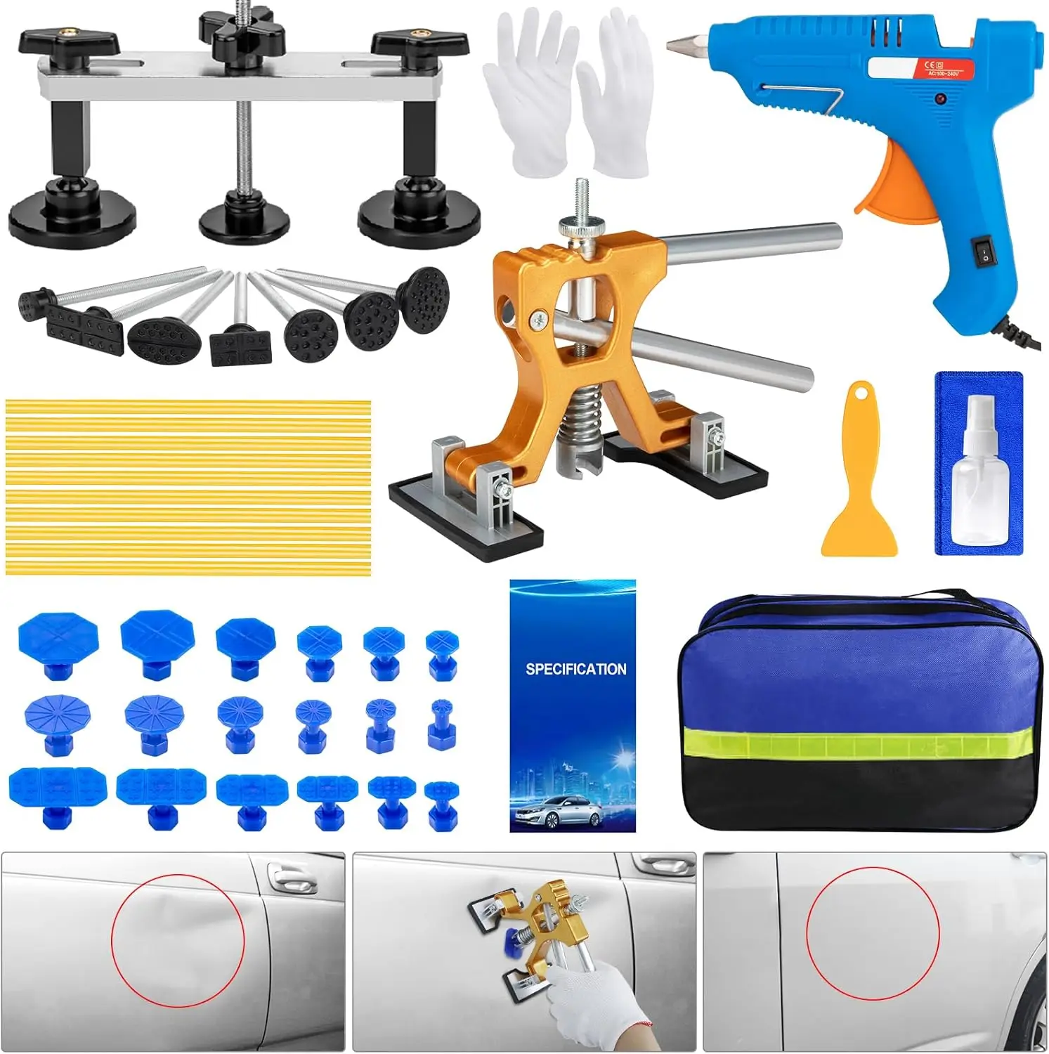 車、SUV、トラックのへこみ修理用のゴールデンリフターとブリッジプラー付きペイントレスデントリムーバーツールキット