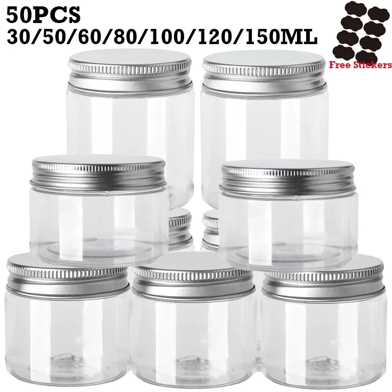 50 sztuk/partia 30/50/60/80/100/120/150ML słoiki do przechowywania pusty plastikowy słoik z aluminiową pokrywką pojemniki kosmetyczne krem do twarzy pojemnik na próbki