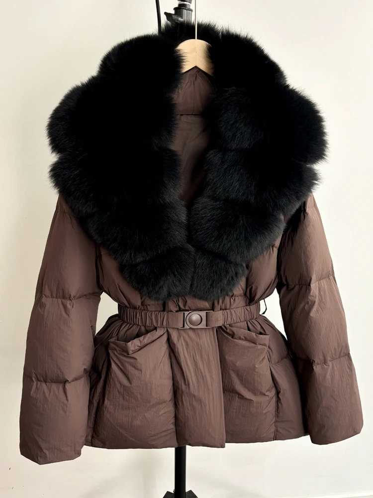 Lagabogy 2025 Large Real Fox Fur Winter Belt Waist-Tight Elegant Warm 90% White Duck Down Jacket Female V-neck Loose Puffer Coat