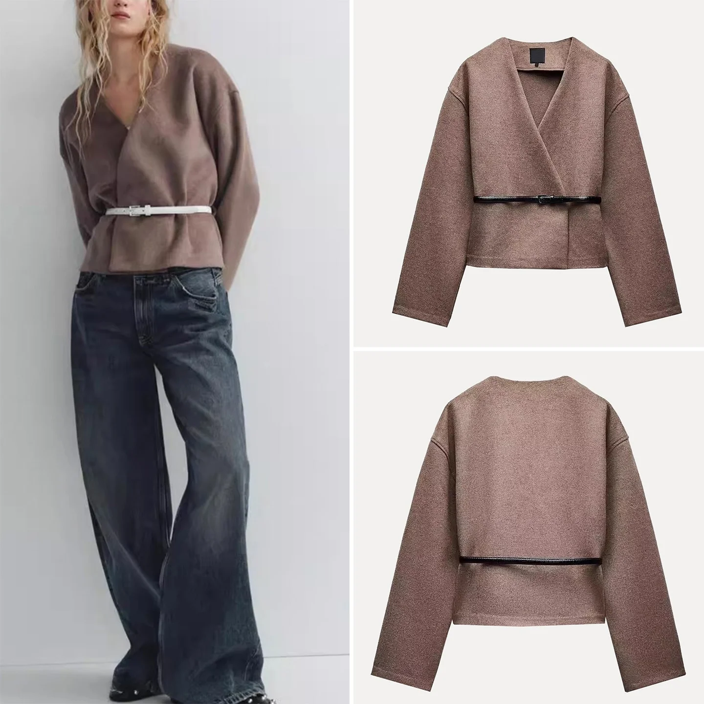 

Z Women's Faion Soft V-ne Long Sve Jaet Coat with Belt Autumn 2025 New Arrival European Sle Stand Fit