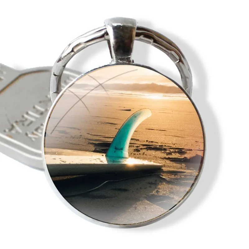 25mm Glass Cabohcon Keychain Key Rings for Women Men Jewelry Gift Summer beach surfboard