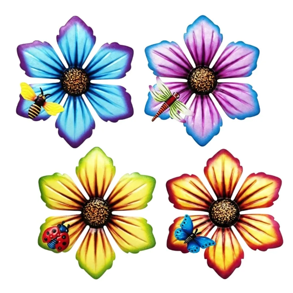 4 Pack Iron Flower Wall Decor with Insects Dragonflies Butterflies for For home Garden Outdoor Fence Decoration