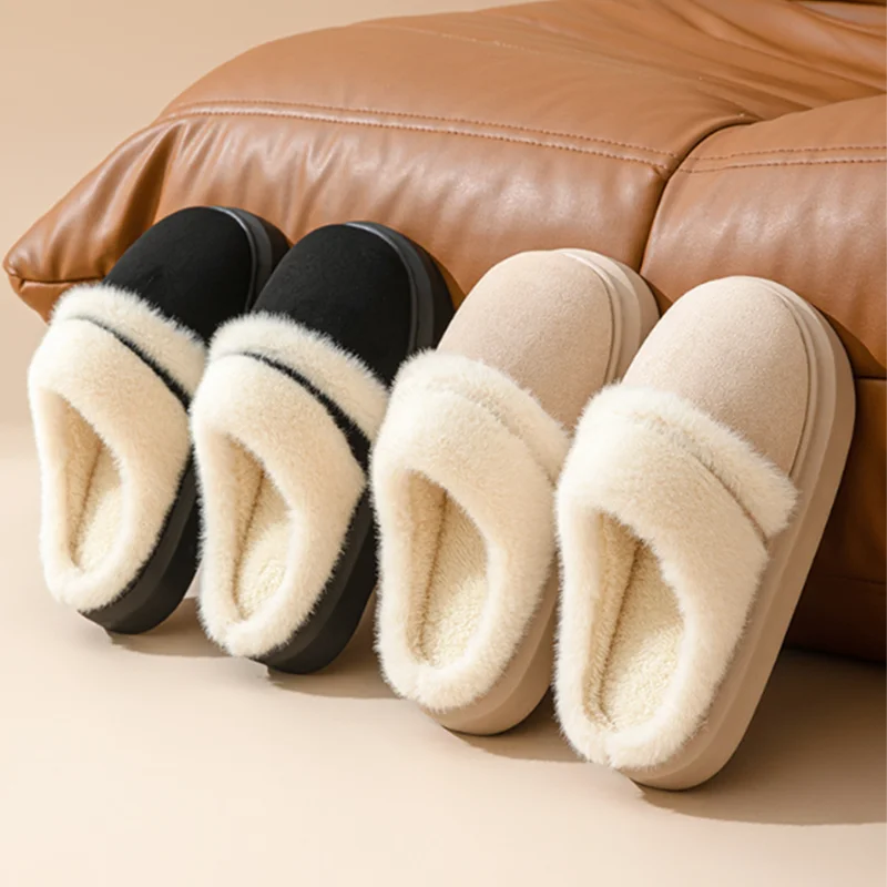 New Fur Slippers For Women Winter Fluffy Fashion Warm Thick Sole Plush Cozy Slides For Home Indoor Platform Cotton Shoes