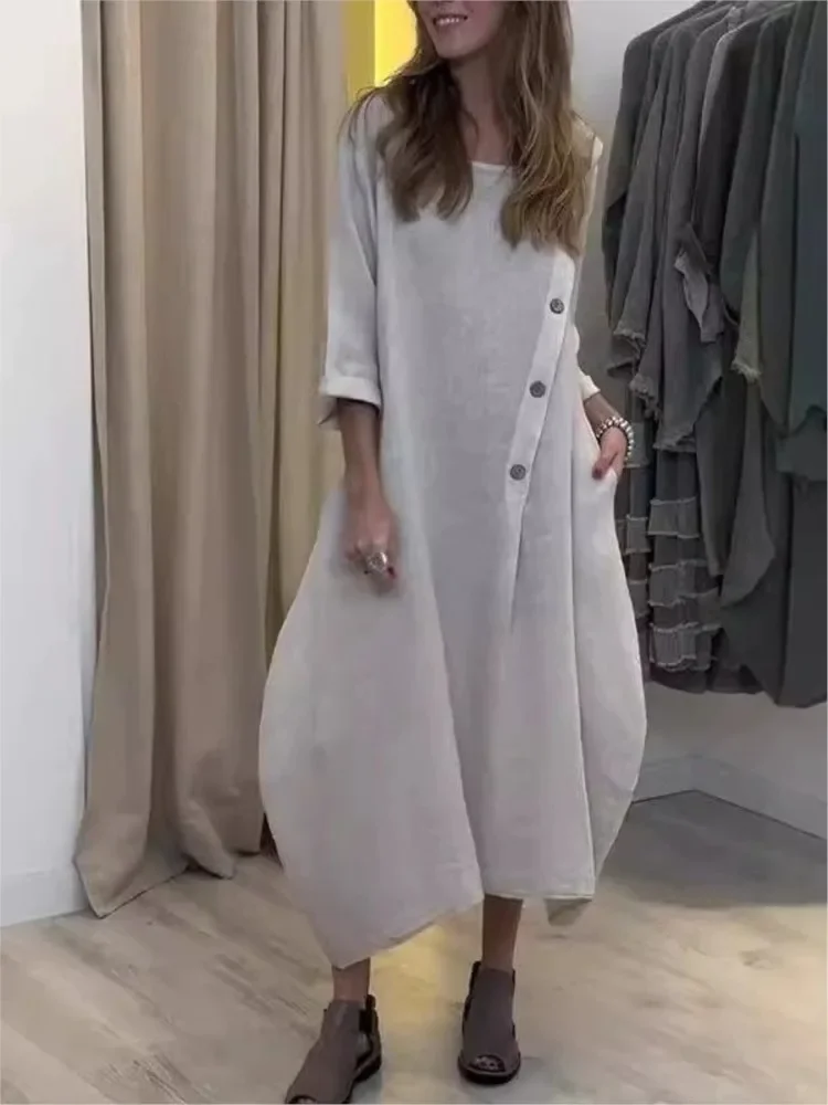 

Vintag Women's Cotton Linen Long Dresses Woman Fashion Crew Neck Button Pocket Dress Spring Casual Long Sleeve Loose Maxi Dress