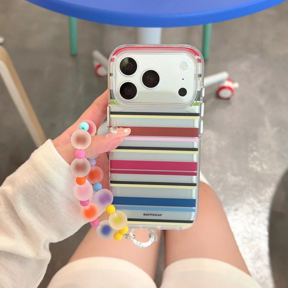 

Retro INS irregular striped mobile phone case iPhone 17 16 15 14 Pro Max 13 14 fashionable shockproof protective case with chain