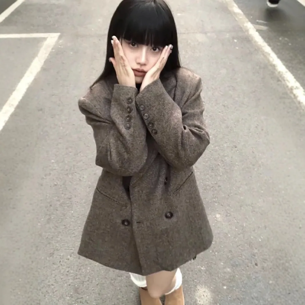 Women Wool Coats Solid Blends Jacket Lapel Button Pocket Single Breasted Loose Y2k Thick Casual Office Lady 2025 Autumn Winter