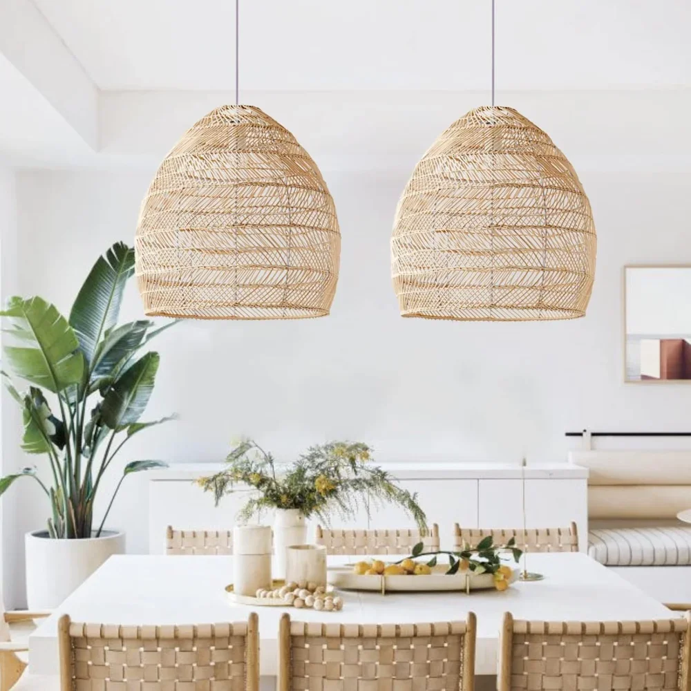 JOYINLED Boho Rattan Pendant Light Handwoven Wicker Hanging Lamp Natural Basket Shade for Kitchen Island Bedroom Dining Room