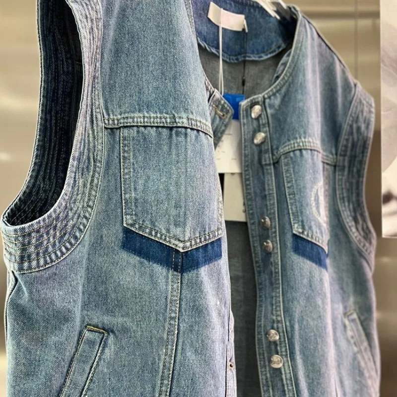 Patchwork Denim Vests High Street Retro Women's O-Neck Vests Spring Summer New Chic Sleeveless Loose Cardigan Button Denim Coat