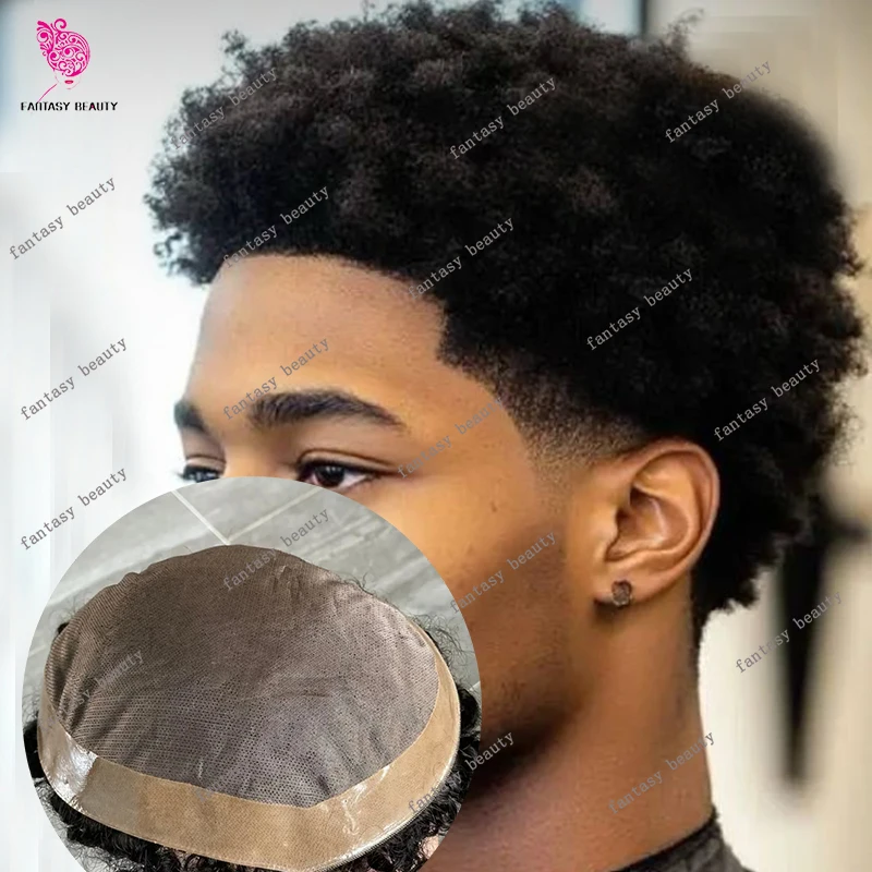 

European Brown Blonde Black 6mm Afro Curly Super Durable Fine Mono NPU Base 100% Human Hair Wigs Bald Weave Man Toupee Prosthesi