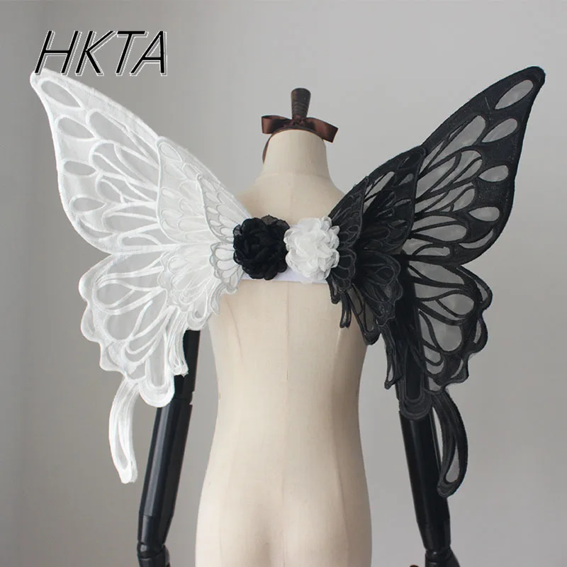 Feito à mão gótico bruxa preto branco cor dupla cos borboleta asa volta decoração lolita meninas bonito kawaii borboleta asas de anjo