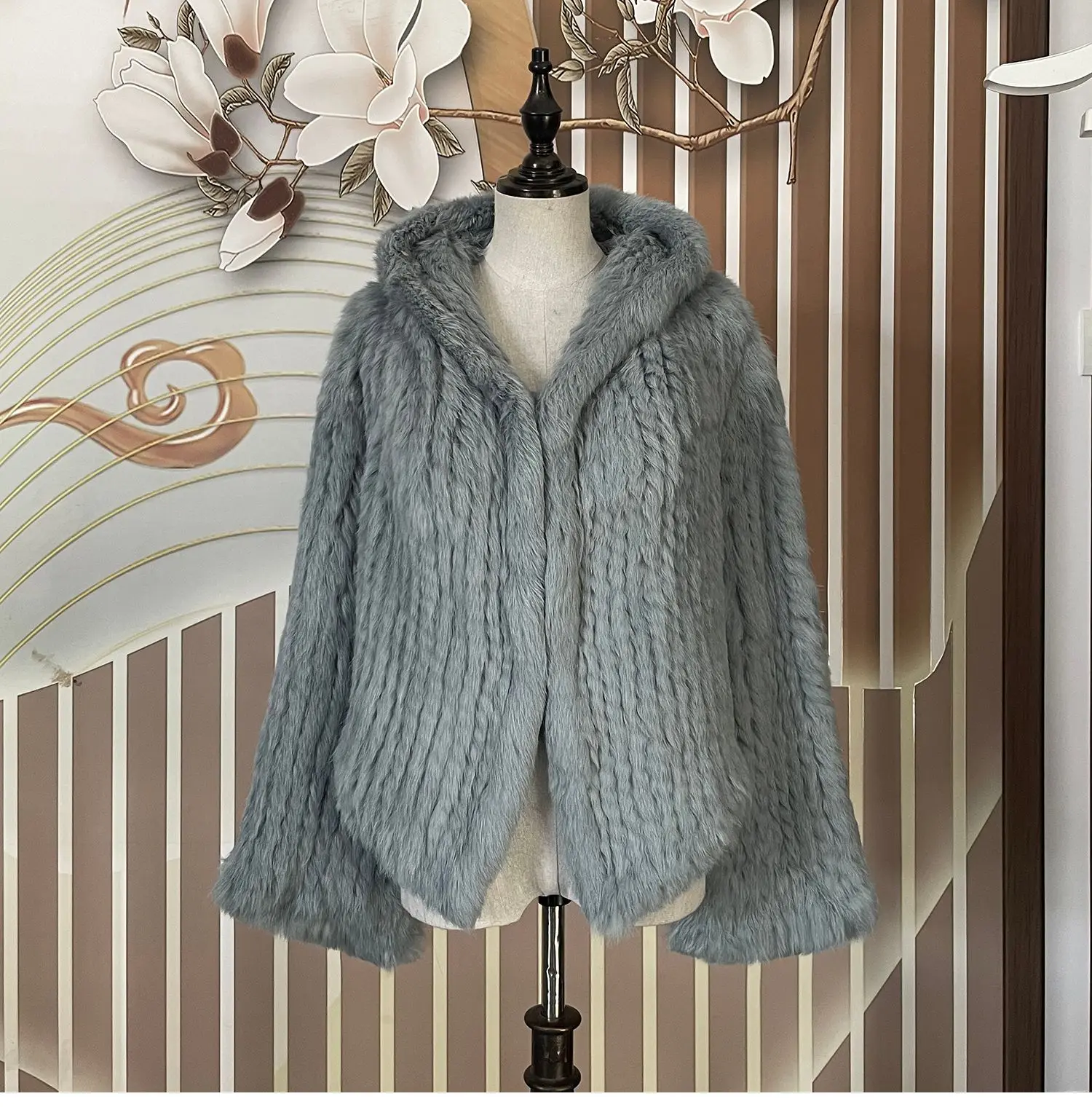 Long Sleeve Casual Loose Knitted Real Rabbit Fur Hooded Coat Women Genuine Natural Rabbit Fur Outwear Female Fur Jacket