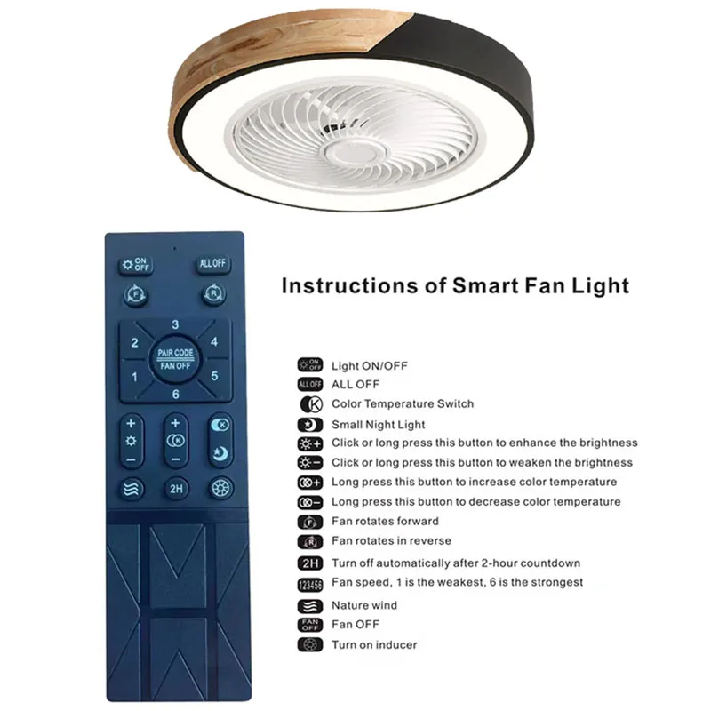 Imagem -02 - Ventiladores de Teto com Luz Smart App Sala de Estar Sala de Jantar Motor dc Velocidades 52cm Iluminação 36w Piso Baixo Lâmpada de Madeira