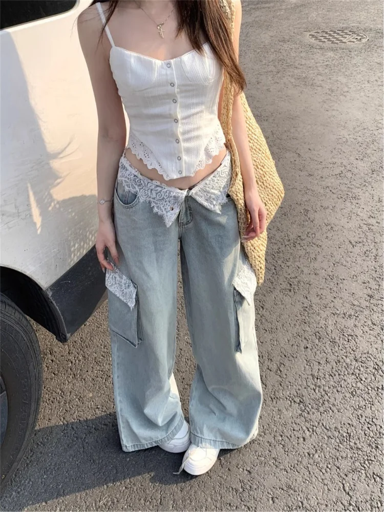 بنطلون جينز نسائي واسع الساق بتصميم فضفاض مع تطريز دانتيل، موضة خريف 2025 الجديدة #3