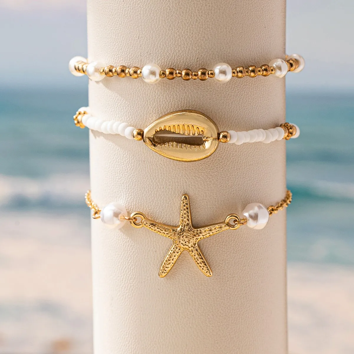 Classic 3 PCs Seaside Starfish Shells Anklet Set Women Rice Beads Foot Chain Summer Beach Vacation Fashion Jewelry Wholesale
