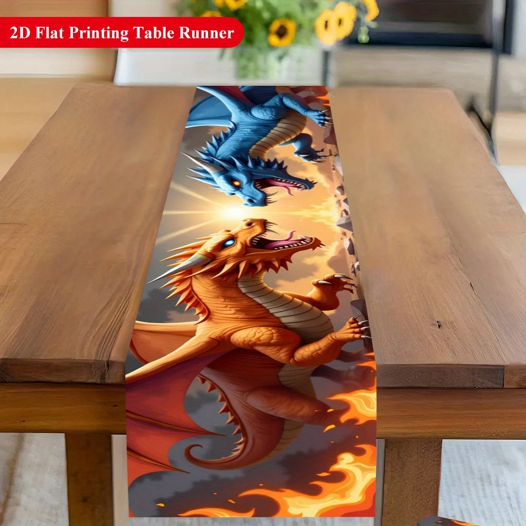 Two Colorful Fire Breathing Dragons Table Runner - Vibrant Festive Decor for Dining & Coffee Tables, Home Parties & Holidays
