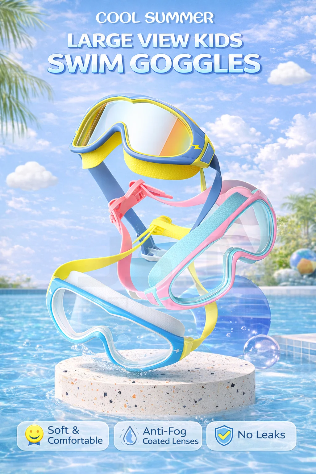 JSJM Kids Swimming Goggles Big Frame HD Wide View Anti-Fog Waterproof Swim Mask For Boys Girls Ages 3-15 Multi-Color Choice view 3