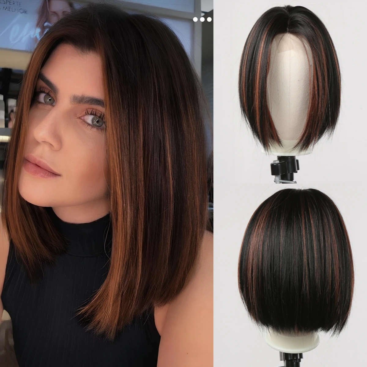 

DWY Short Straight Bob Hairline Lace Wig For Women Black With Red Brown Highlight Synthetic Wig For Daily Party High Temperature