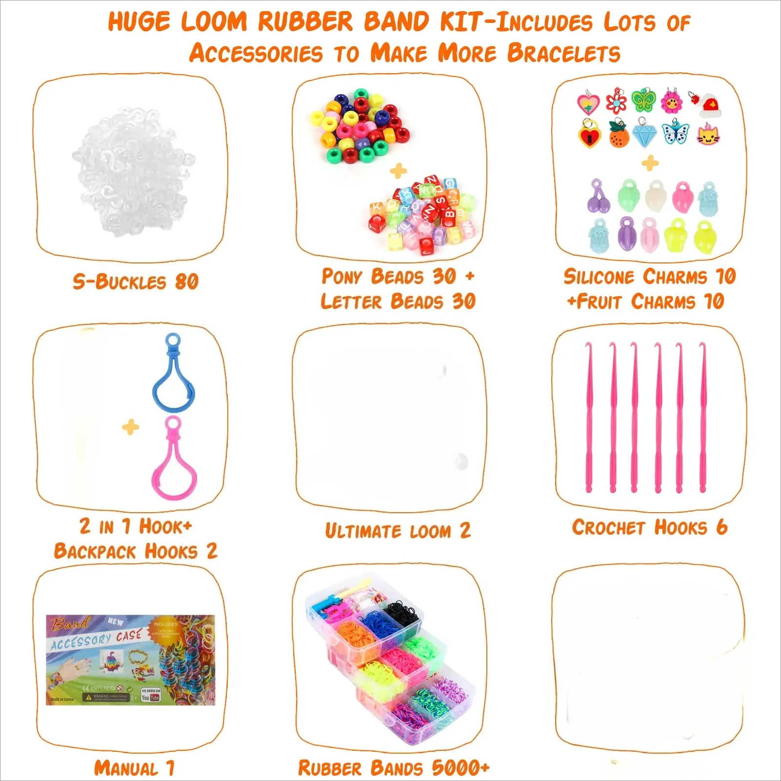 ชุดทำสร้อยข้อมือยางรัด4500 + ชุดเติมยางทอผ้าชุดทำของขวัญกำไลข้อมือสำหรับเด็กผู้หญิงวัย8-12ปี