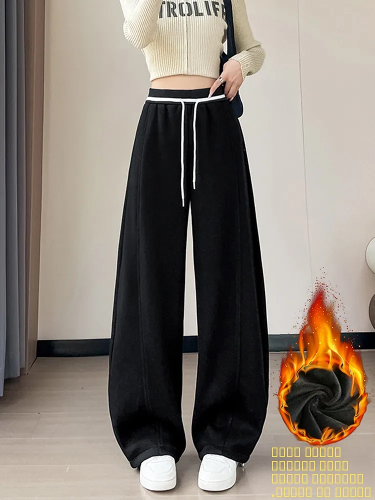 

Женские зимние повседневные брюки с высокой талией, на флисовой подкладке, широкие, с завязками, струящиеся, удобные, для невысоких, теплые, длинные