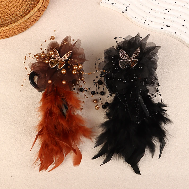 Mode Elegante Schmetterling Feder Perlen Quaste Clip Koreanische Fee Haar Klaue Shark Clip Frauen Temperament Haar Zubehör – Detail 3