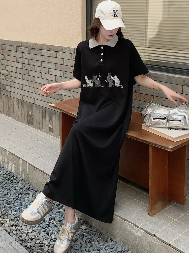 NYFS 2025 فستان نسائي كوري صيفي جديد من فيستدوس رداء Elbise فضفاض مقاس كبير برقبة بولو مطبوع وأكمام قصيرة فساتين طويلة #6