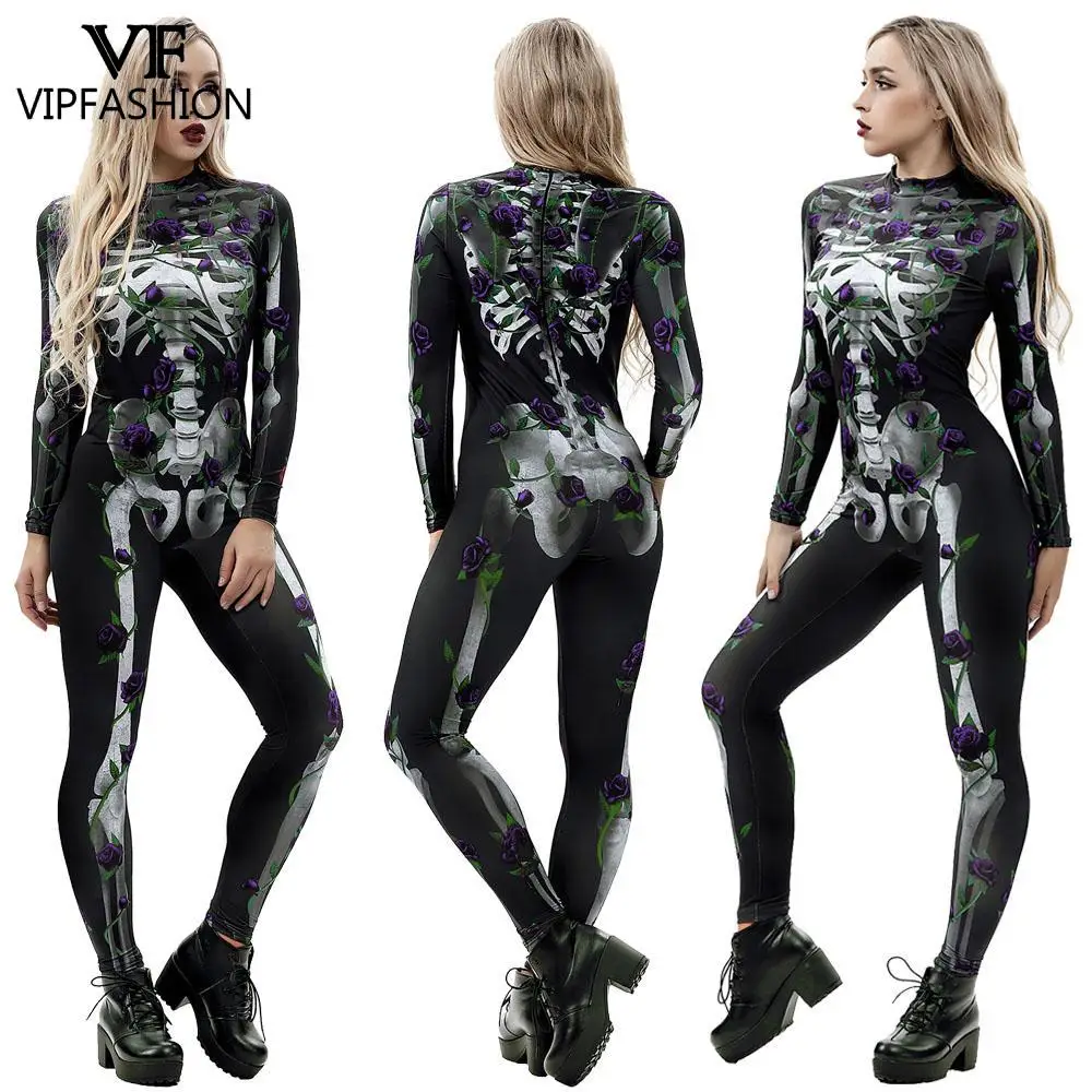 VIP FASHION Halloween Cosplay Costumes for Women Adult Skeleton Print Long Sleeve Carnival Party Bodysuit Jumpsuit