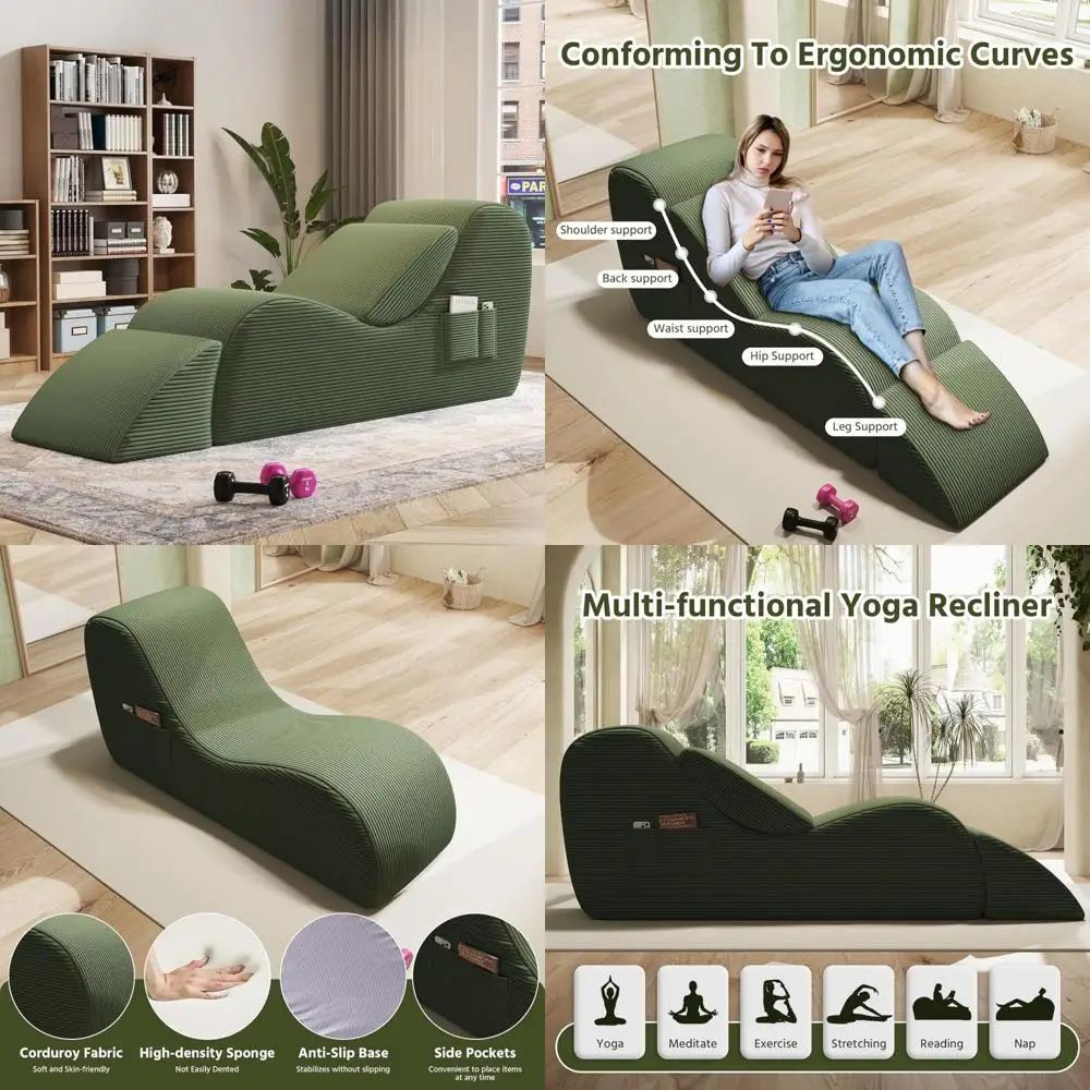 Adult Yoga Chairs: Ergonomic Lounge Chaise with Waist and Foot Support, Side Pockets, High Density Foam, Non-Slip Base, Comforta