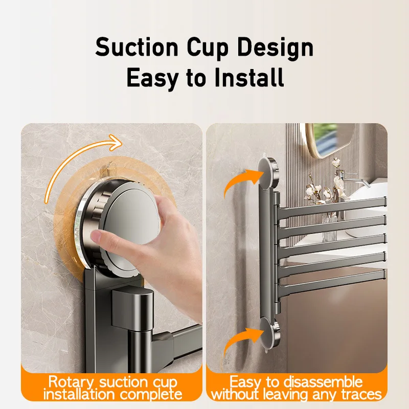 Space Aluminum Suction Cup Towel Rack, Rotating Multi-Bar Towel Holder for Bathroom, No Drill Dishcloth Hanger Organizer